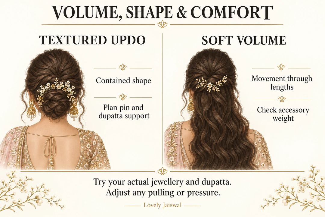 AI-generated illustration: Textured updo and soft-volume hairstyle options, with reminders about pin support, accessory weight and comfort.