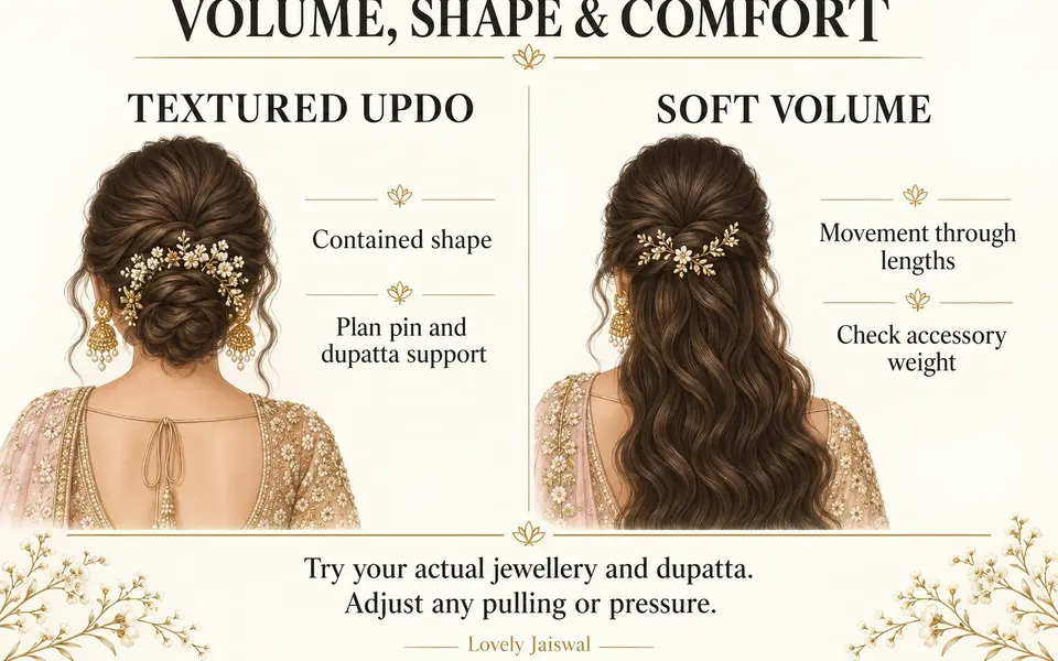 Textured updo and soft-volume hairstyle options, with reminders about pin support, accessory weight and comfort.