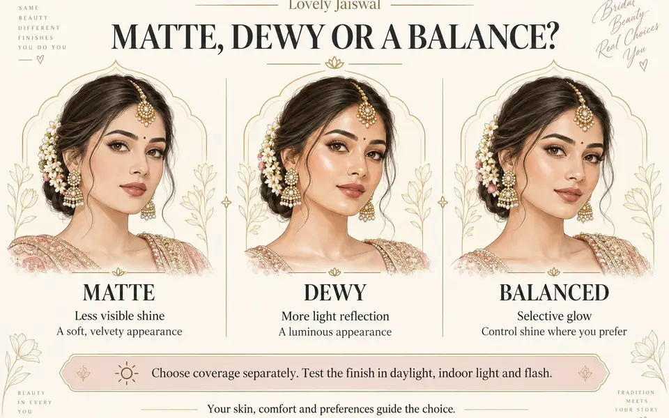 Matte, dewy and balanced finishes compared by visible shine, with a reminder to test different lighting.