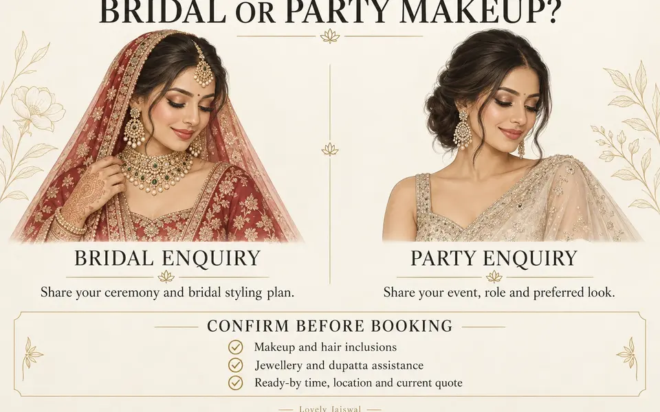 Bridal and party makeup enquiry options and a checklist to confirm inclusions, styling assistance, time, location and quote.