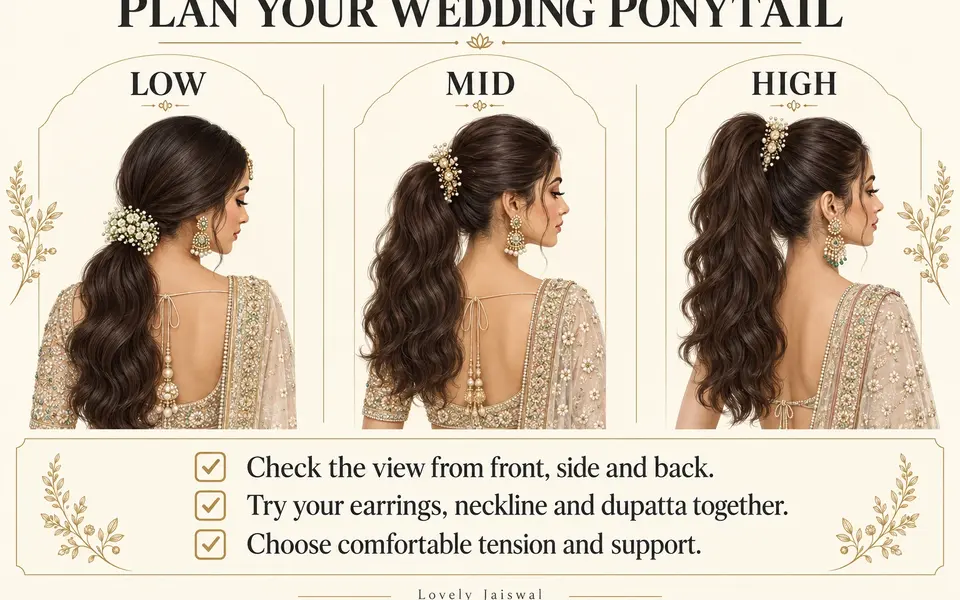 Low, mid and high wedding ponytails with a checklist for views, accessories and comfortable tension.