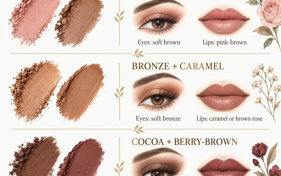 Infographic: soft brown eyes with pink-brown lips; soft bronze eyes with caramel or brown-rose lips; deeper neutral eyes with berry-brown lips. Choose shade depth for your complexion.