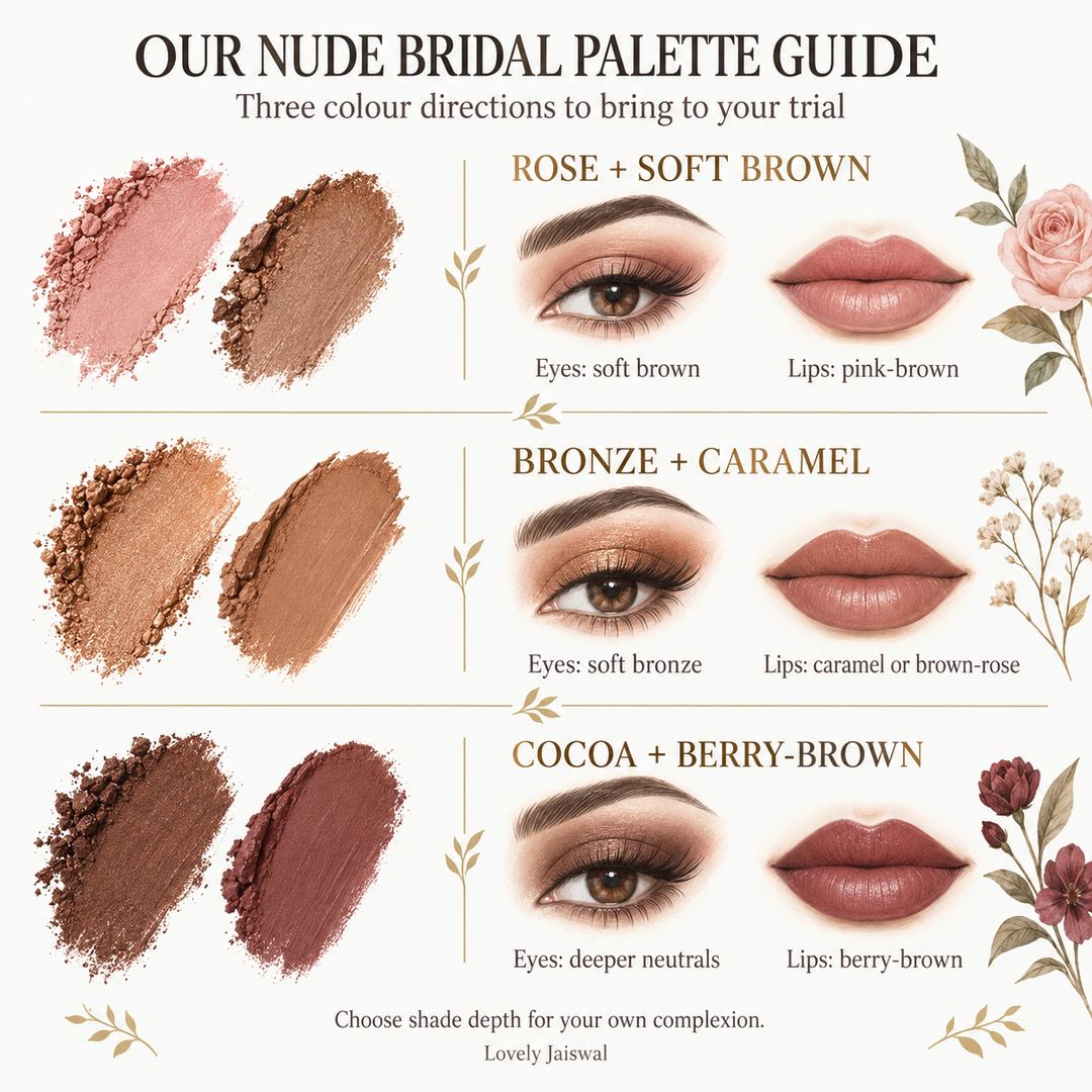 Infographic: soft brown eyes with pink-brown lips; soft bronze eyes with caramel or brown-rose lips; deeper neutral eyes with berry-brown lips. Choose shade depth for your complexion.
