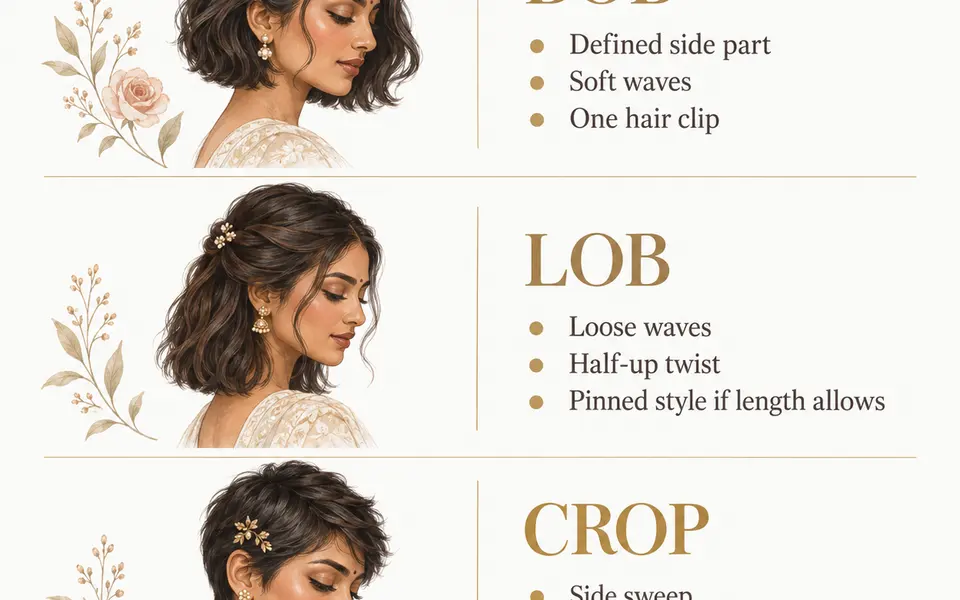 Illustrated guide: bob with side part, waves and a clip; lob with waves or a half-up twist; crop with a side sweep, texture and a small accessory. Discuss added hair and dupatta support at the trial.