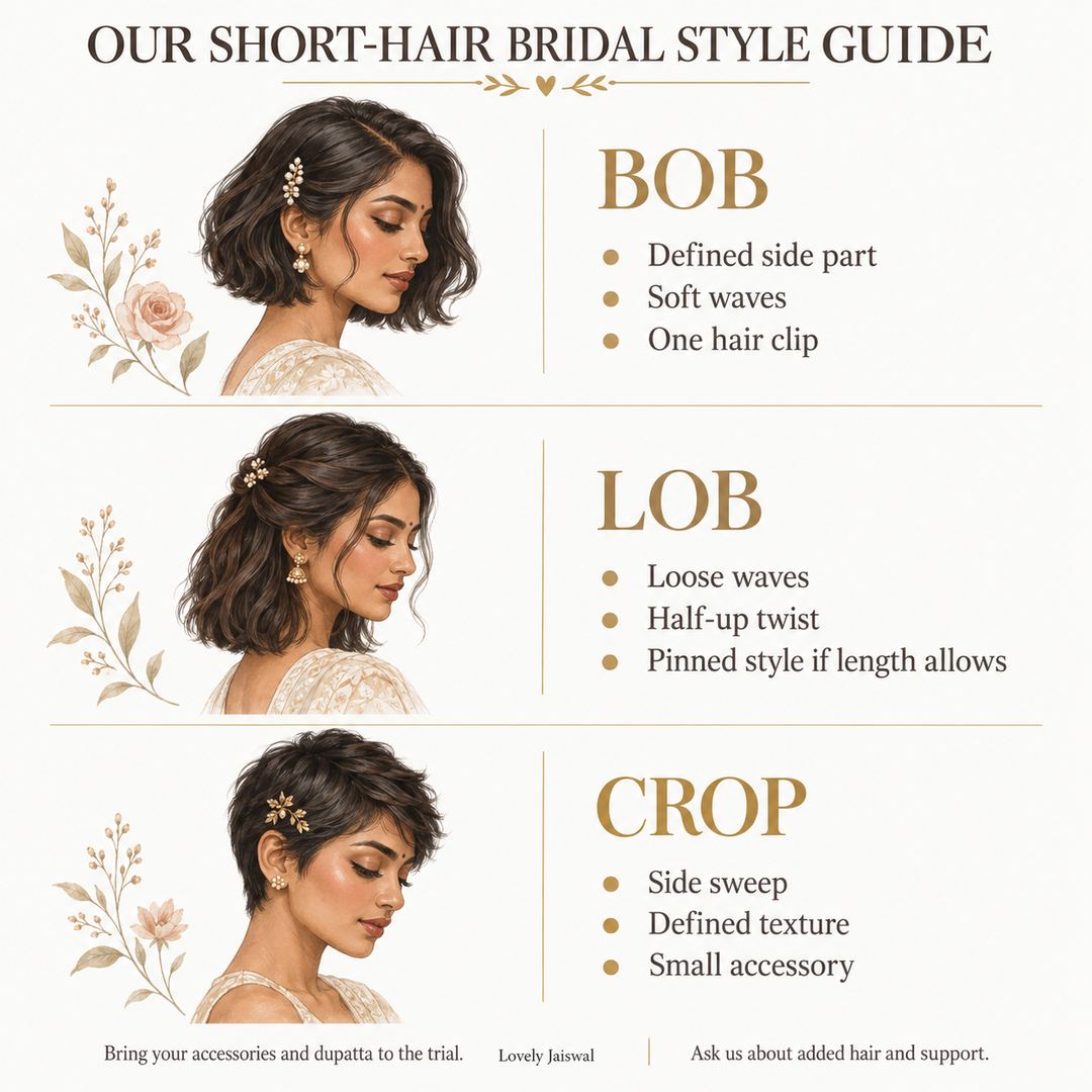Illustrated guide: bob with side part, waves and a clip; lob with waves or a half-up twist; crop with a side sweep, texture and a small accessory. Discuss added hair and dupatta support at the trial.